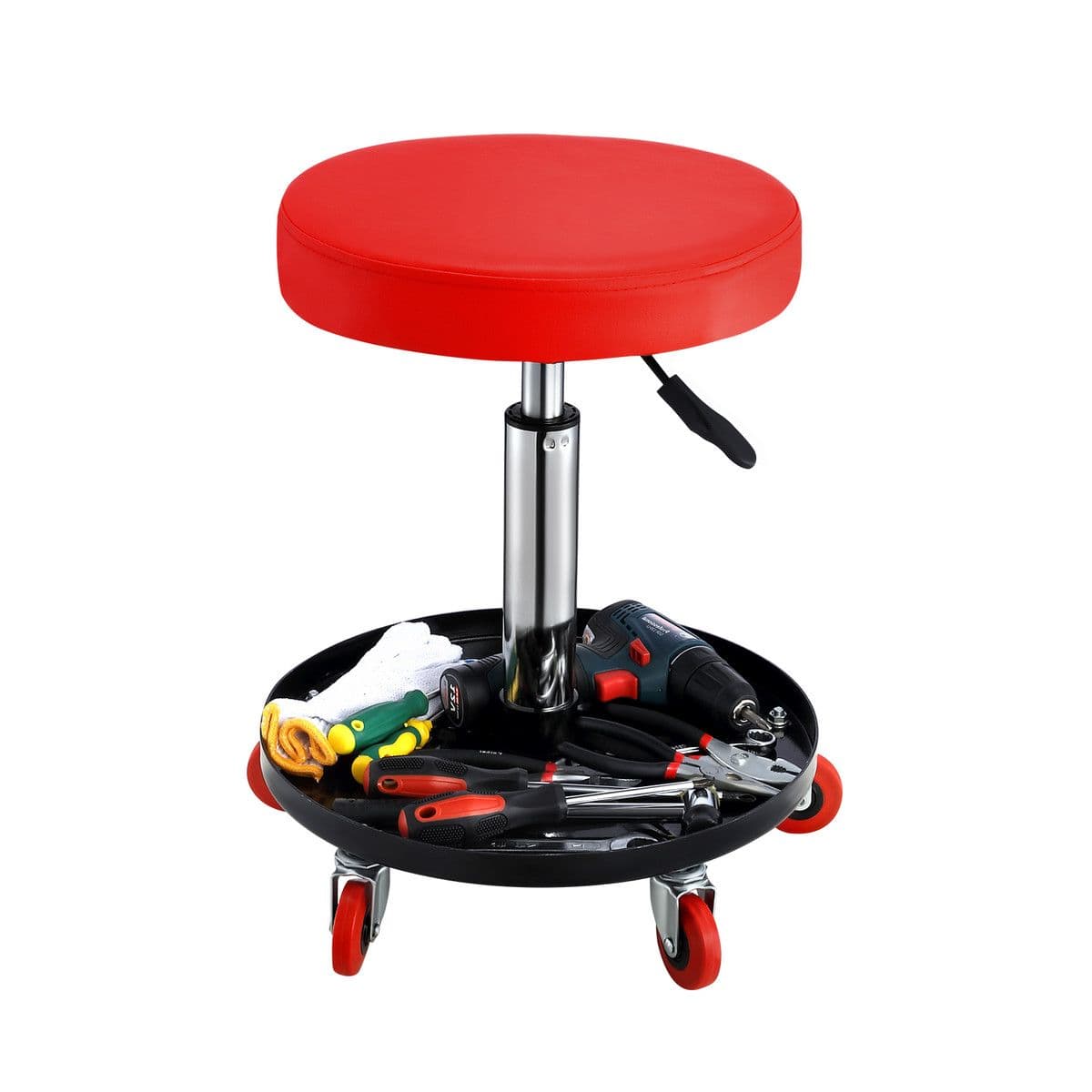Swivel Work Stool Chair with Wheels, Mechanic Tool Tray, Height Adjustable Pneumatic Roller Seat