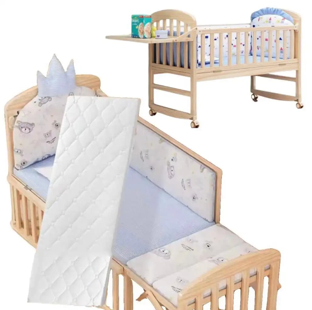 Co-sleeper Wooden Blue Baby Crib Bed + Mattress + Fold out Changing Table + 5-piece bedding