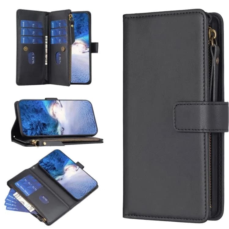 Oppo A58 4G Flip Front 9 Card Wallet Cover with Zip Pocket - Black - Noco