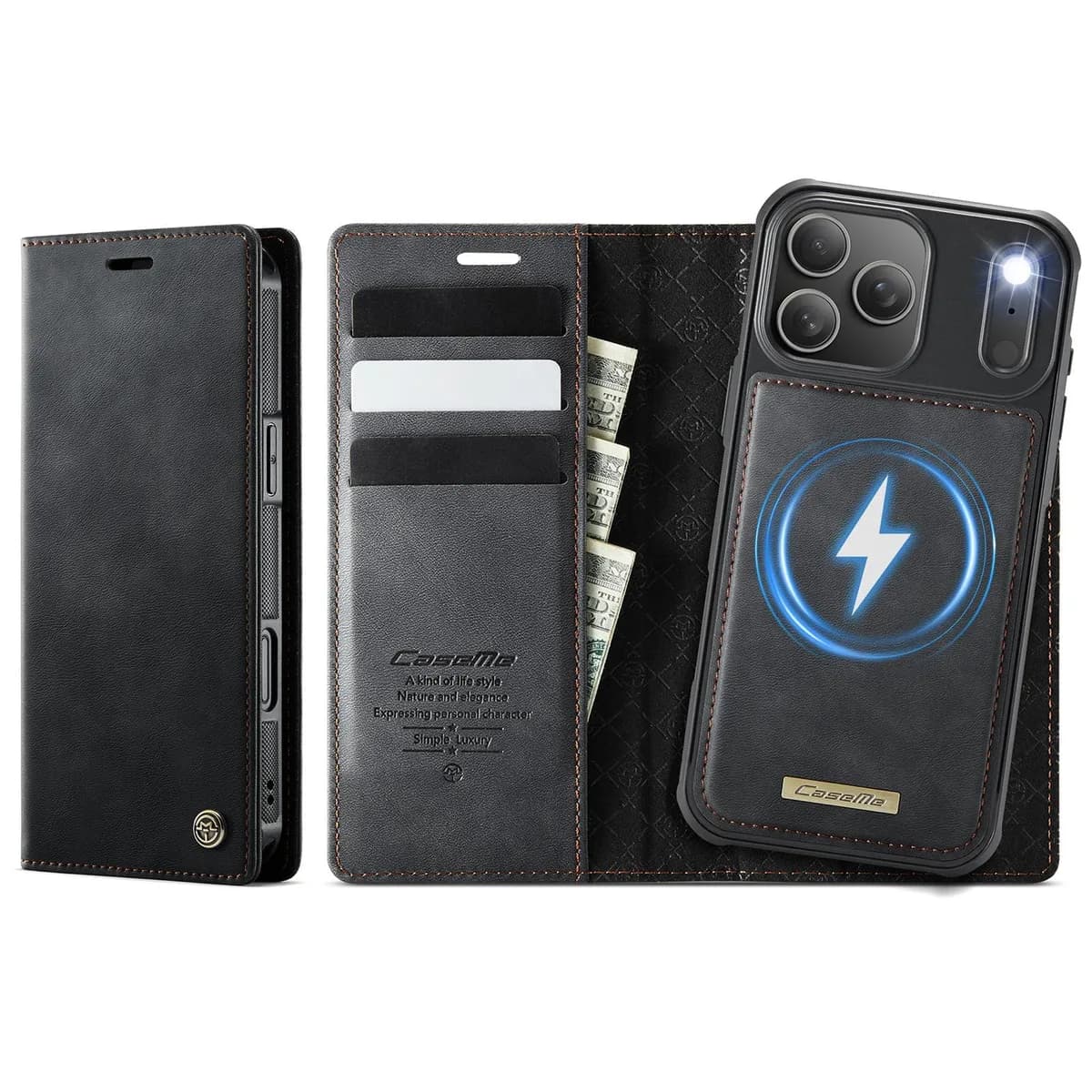 Apple iPhone 17 Pro CaseMe C49 Detachable Flip Cover RFID Protection Card Holder - Black - Noco