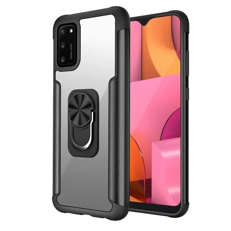 Shockproof Protective Cover Transparent Back with Ring/Stand and Metal Patch for Samsung Galaxy A02S - Black - acc Noco