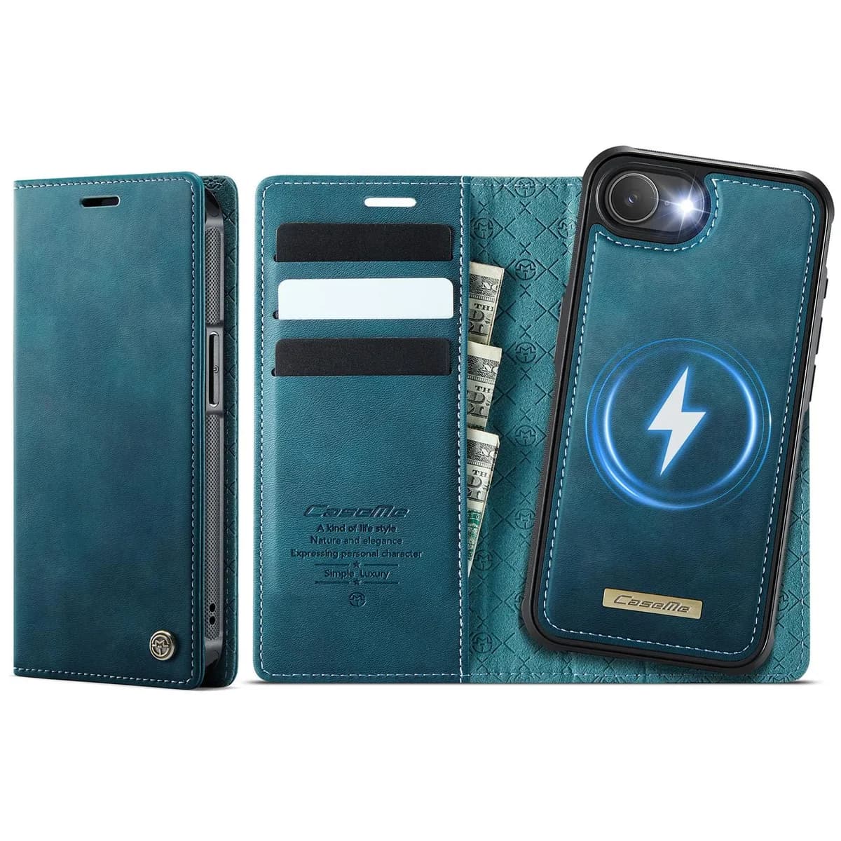 Apple iPhone 16e CaseMe C49 Wallet Flip Cover RFID Protection Card Holder Blue Noco