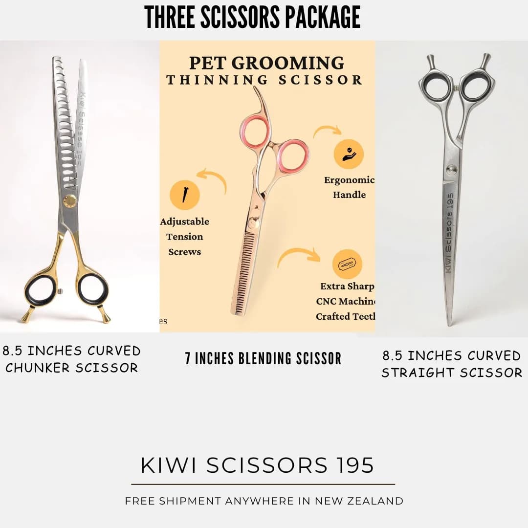 Set of 3 Dog Grooming Scissors (Curved Straight, 22 Tooth Curved Chunker and 34 Tooth Thinning Scissor