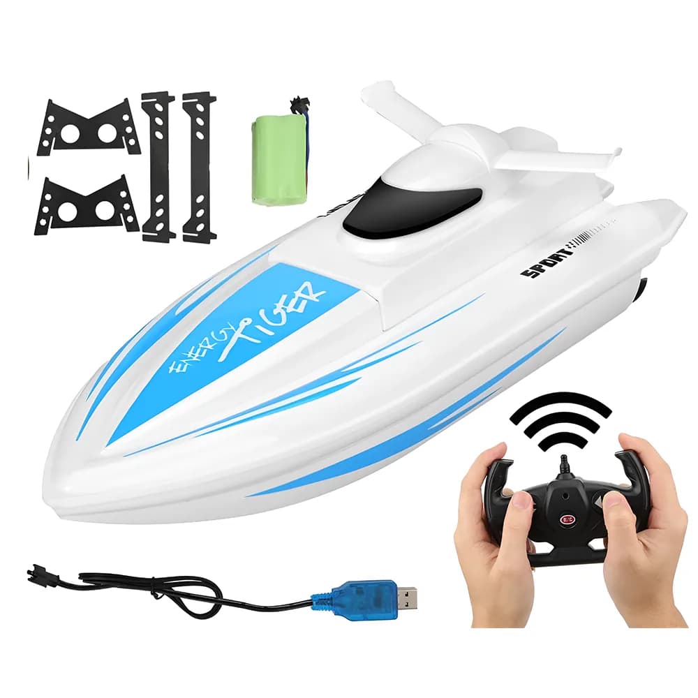 Remote control boat on water