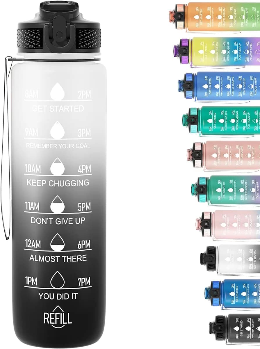 1L Motivational Water Bottle with Straw & Time Marker -Black