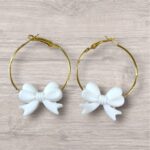 Hoop Earrings - Gold with White Bows (Large Hoops)