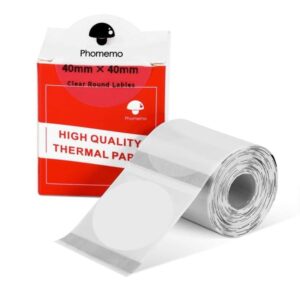 40x40mm Phomemo Pre-Cut Non-Dry Reusable Direct Thermal Round Label Roll, Clear, 180 Labels per Roll