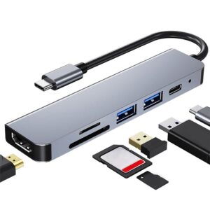 AD033 6-in-1 USB Type-C Hub Dock, USB3.0, Type-C Charge, HDMI, Card Reader