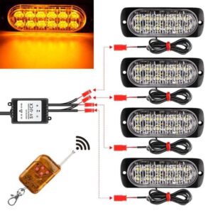 4 PACK AMBER Emergency LED Grille Lights, Wireless Remote, 12 Modes, 12V-24V