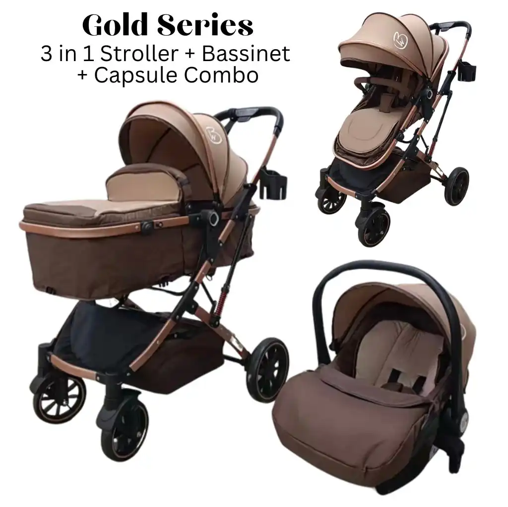 A77CE1EA-6325-4CEE-9474-D60BA04035B2 Gold Series Khaki 3-in-1 Stroller, Bassinet, and Capsule Combo with Food Tray - Image 1