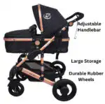 Ultra - 3 in 1 Stroller + Bassinet + Capsule Combo with Sunshade Sets and Food Tray - Black Gold - Image 11