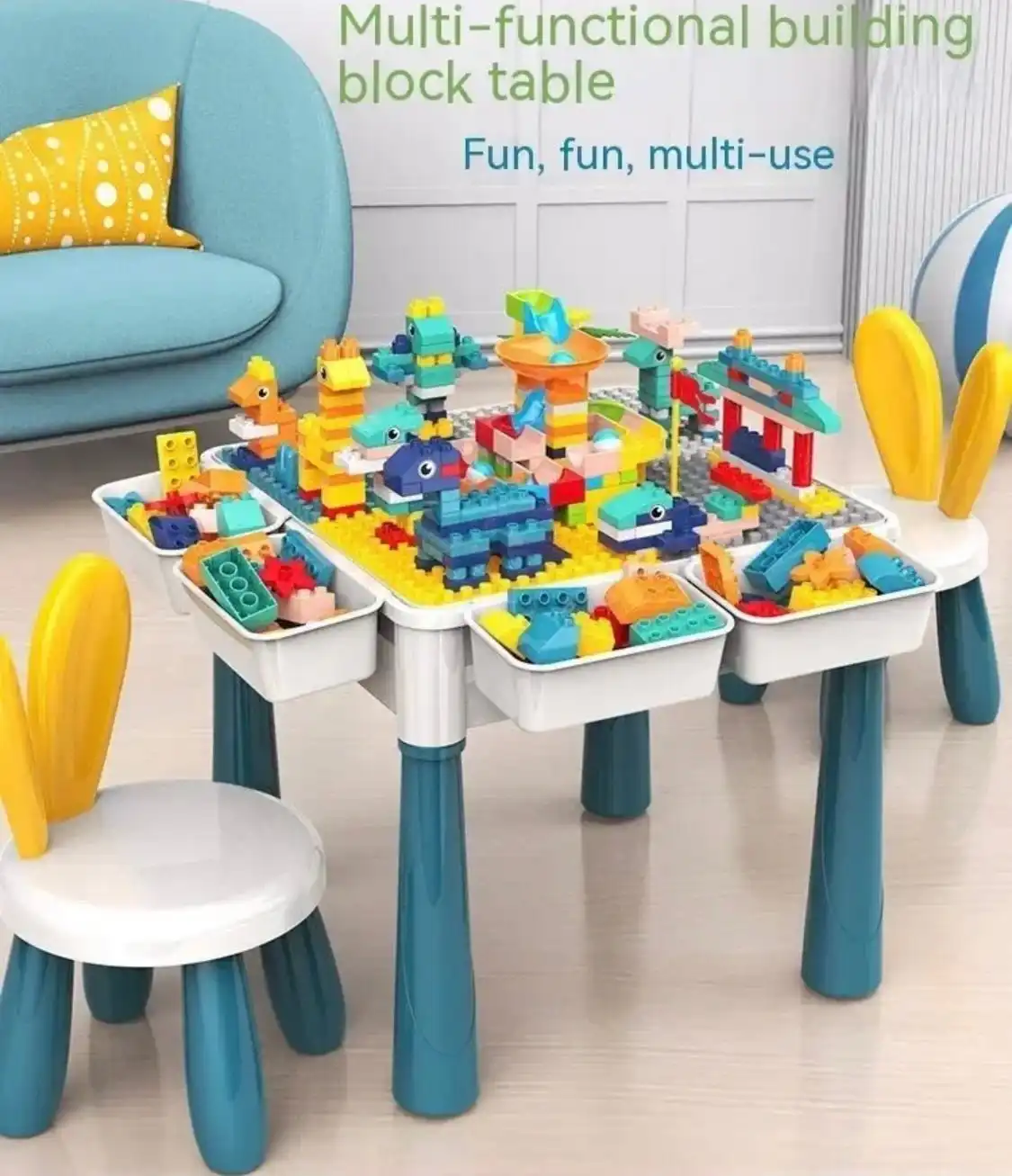 FullSizeRender_04a63a18-999b-40b0-bd84-944e134414c6 Versatile Children’s Play Activity Table with Chair and Building Blocks - Image 1