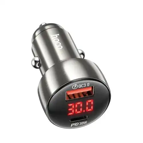hoco-car-charger-48w-pd-qc-metallic-super-fast-car-charger-w-led-display-1169707849 48W PD+QC Metallic Super Fast Car Charger w/ LED Display - Image 1